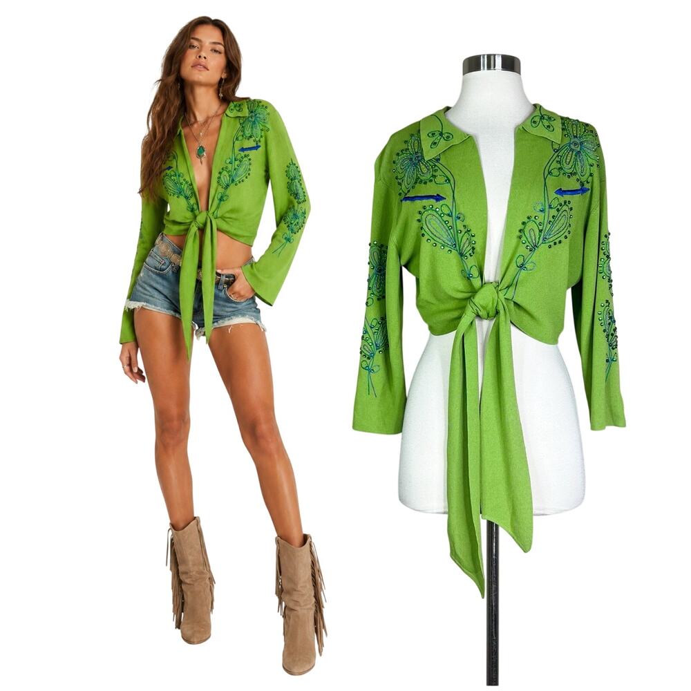 Double D Ranch | Lime Green Embellished Blue Embroidered Tie Front Top Sweater L